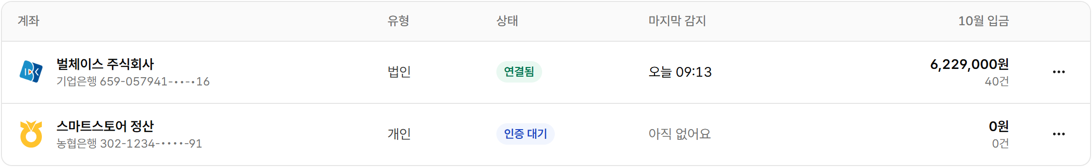 연결됨과 인증 대기 상태의 계좌가 있는 계좌 목록