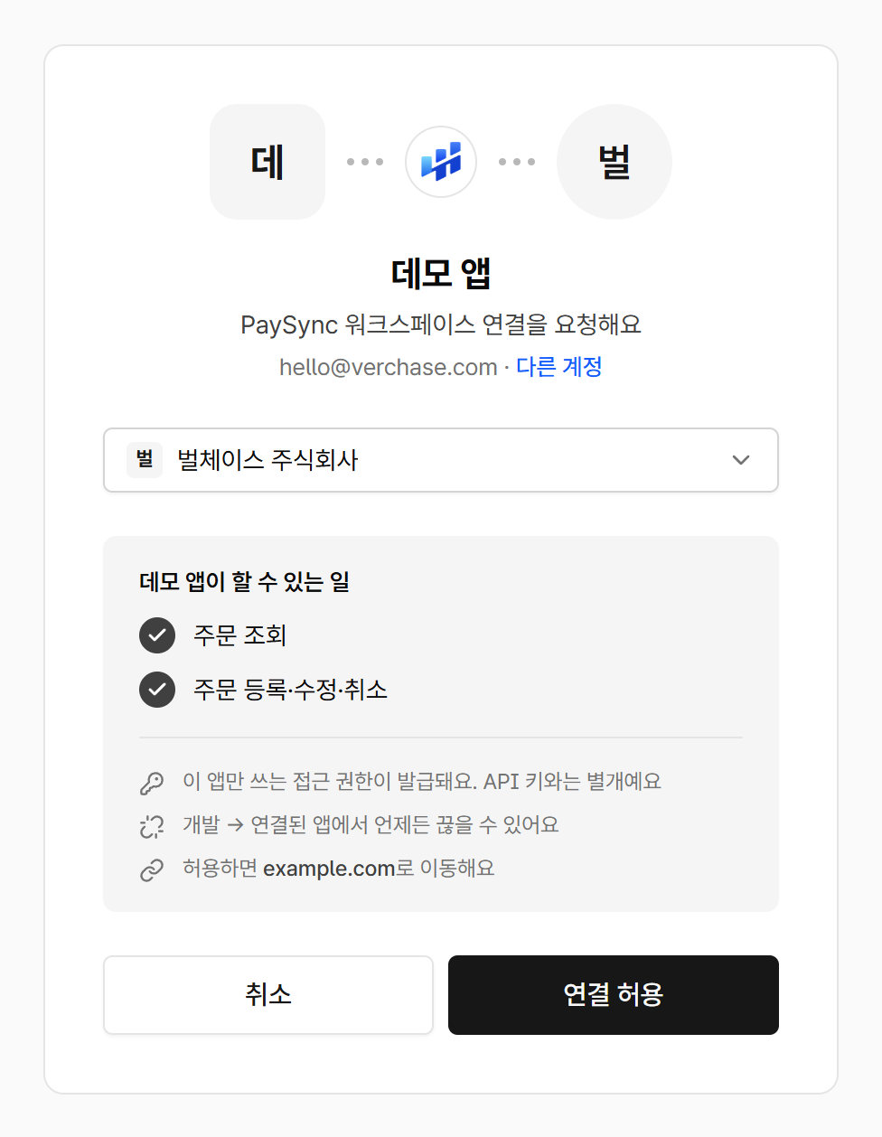 앱 이름, 연결할 워크스페이스, 앱이 할 수 있는 일, 취소와 연결 허용 버튼이 있는 앱 연결 화면