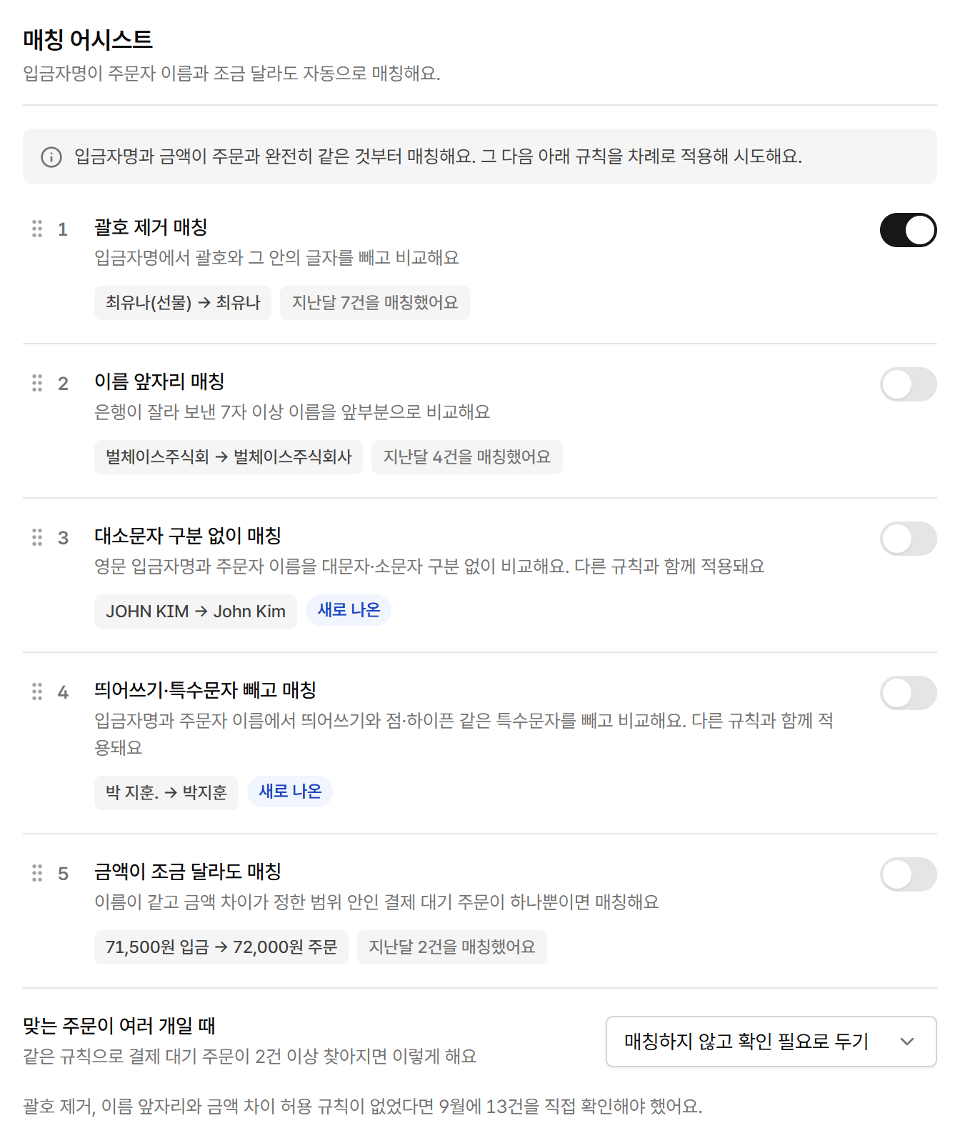 규칙별 켜기 스위치와 순서, 지난달 매칭 건수가 나오는 매칭 어시스트 설정